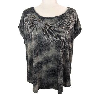 Miss‎ Me Women's Grey Acid Wash Sequin Wing Short Sleeve Top L Boho Glam Grunge